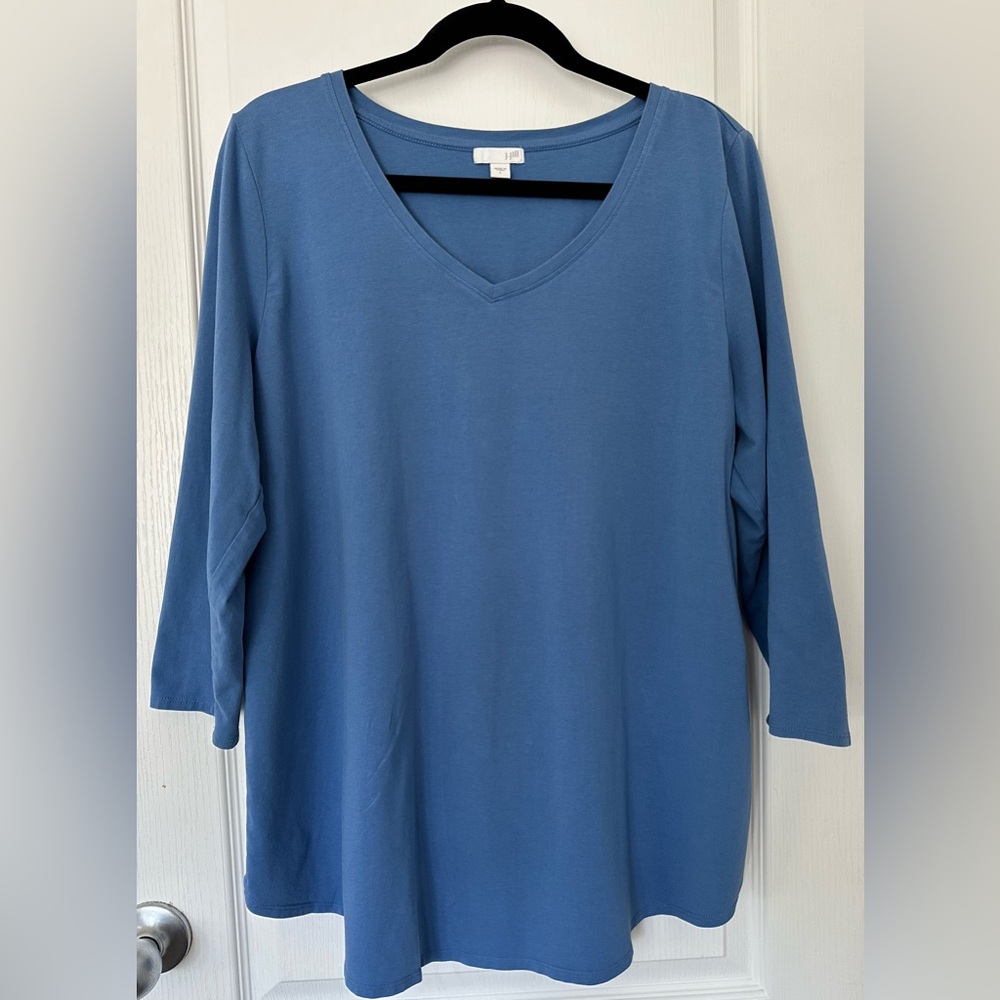 J Jill Blue Top Size L 3/4 Sleeve V-Neck Button Back Stretch Shirt Blouse Women